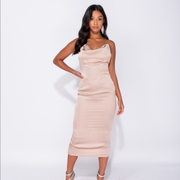 Kylie Nude Champagne Satin Cross Back Midi Dress - Picture 3 of 8